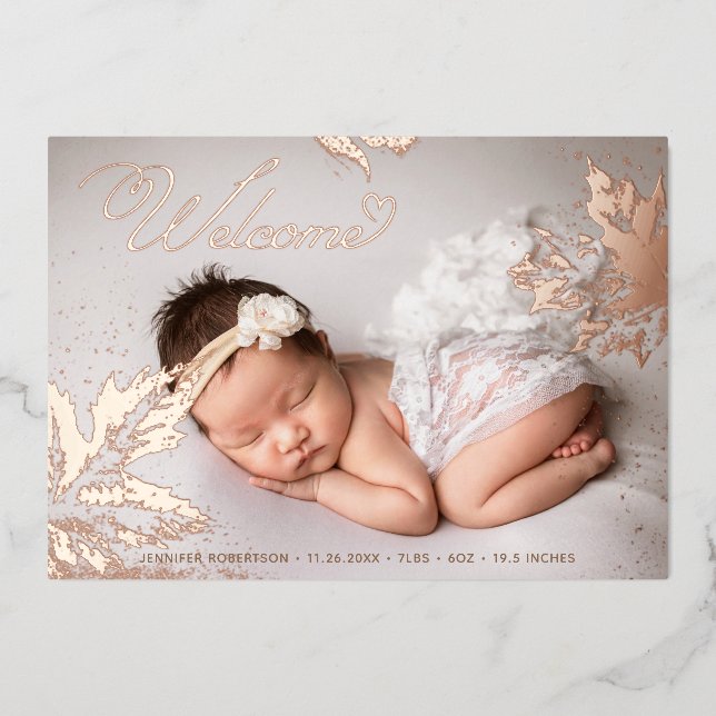 Invitation En Aluminium Photo Bienvenue bébé Rose Gold Foil Feuilles naiss (Recto)