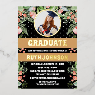 Invitation En Aluminium Photo Black Gold Floral Graduation Party