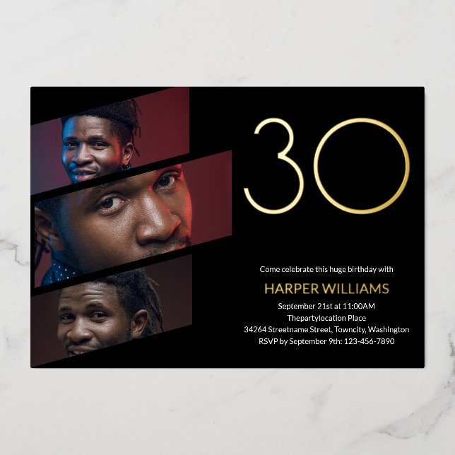 Invitation En Aluminium Photo Black Gold moderne 30e anniversaire (Recto)