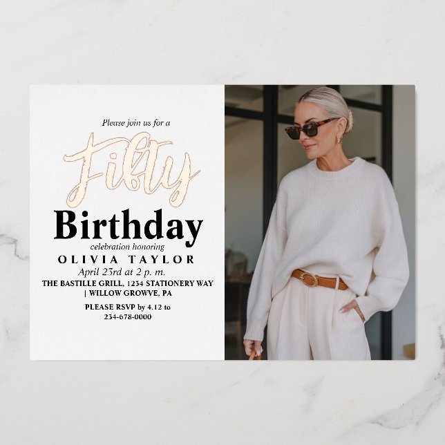 Invitation En Aluminium Photo blanche 50e anniversaire moderne Cinquante (Recto)