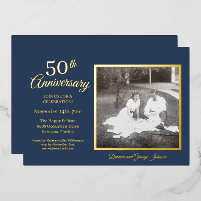 Invitation En Aluminium Photo Bleue Chic 50e Anniversaire Or (Recto/Verso)