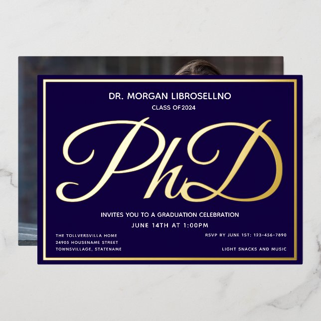 Invitation En Aluminium Photo Blue Gold Doctorat (Recto/Verso)