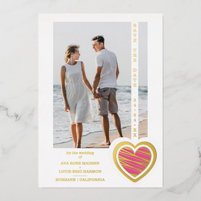Invitation En Aluminium Photo Chic Elegant Hot Pink & Golden Heart Couple (Recto)