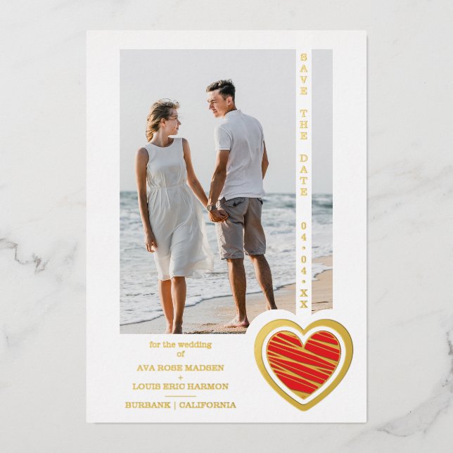 Invitation En Aluminium Photo Chic Elegant Red & Golden Heart Couple (Recto)