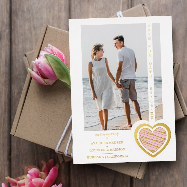 Invitation En Aluminium Photo Chic Elegant Rose & Golden Heart Couple (Créateur téléchargé)