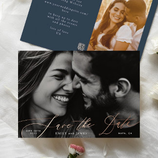 Invitation En Aluminium Photo Classique Marine L'Or Mariage Enregistrer La
