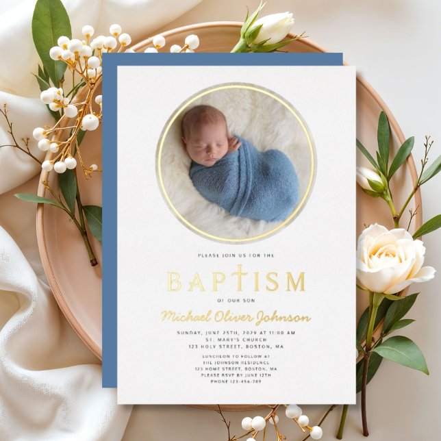 Invitation En Aluminium Photo Croix Religieuse Boy Baptism Gold (Photo Religious Cross Boy Baptism Gold Foil Invitation)