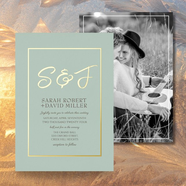 Invitation En Aluminium Photo de cadre bleu or couleur terre classique (Créateur téléchargé)