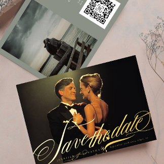 Invitation En Aluminium Photo de code QR de calligraphie dorée élégante gr