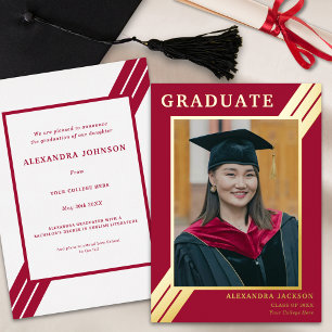 Invitation En Aluminium Photo de Diplômé Moderne Rouge Or