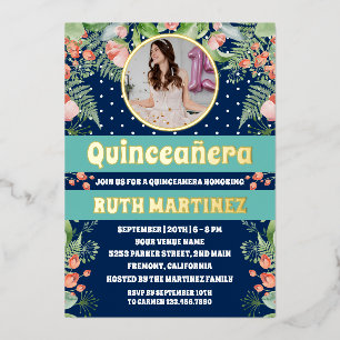 Invitation En Aluminium Photo de fête de Quinceanera florale bleu royal or