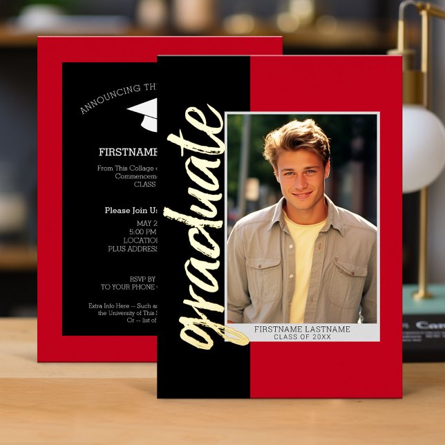 Invitation En Aluminium Photo de graduation avec script moderne rouge noir (Red and Black Graduation Invitation)