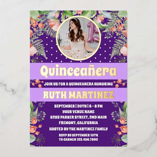 Invitation En Aluminium Photo de la Quinceanera Florale d'or pourpre (Recto)