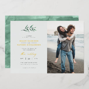 Invitation En Aluminium Photo de mariage de branche bleu et vert Chic Simp