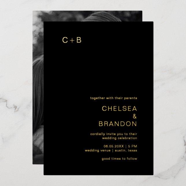 Invitation En Aluminium Photo de mariage moderne Chelsea Black (Recto/Verso)