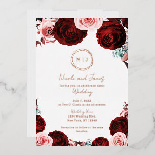 Invitation En Aluminium Photo de mariage moderne glamour floral rose et ro