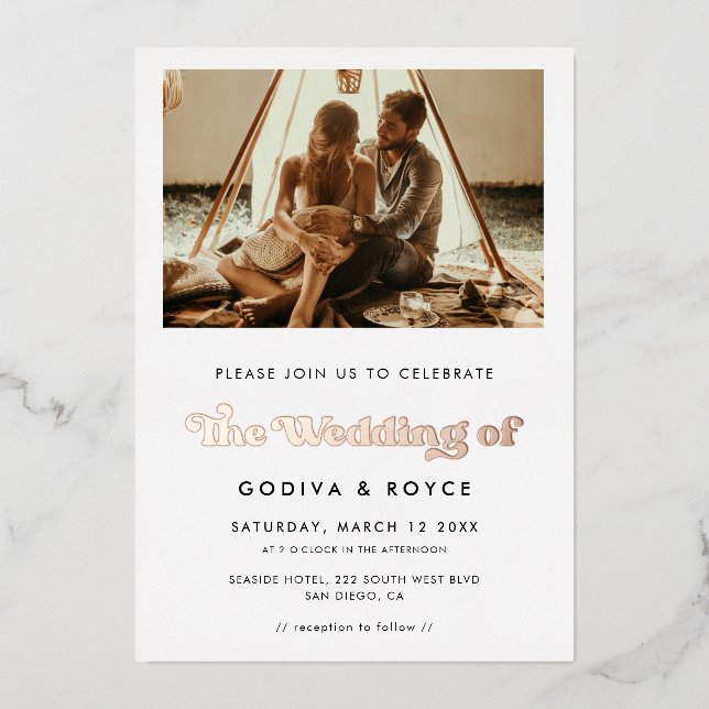 Invitation En Aluminium Photo de mariage rétro élégant (Devant)