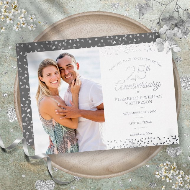 Invitation En Aluminium Photo de mise à jour du 25e anniversaire Argent (25th Anniversary Save the Date Photo Silver Foil Invitation)