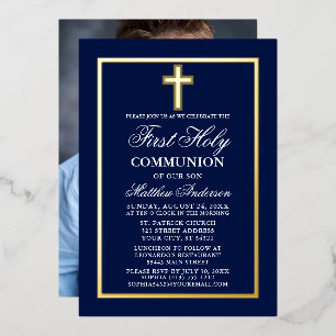 Invitation En Aluminium Photo de Première Communion Croix Bleu Marine Or