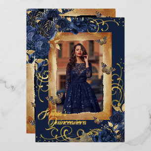 Invitation En Aluminium Photo de Quinceanera Navy Rose Gold Papillon
