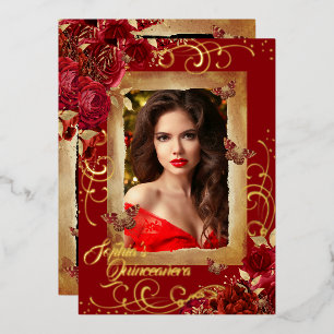 Invitation En Aluminium Photo de Quinceanera rouge papillon en or rose
