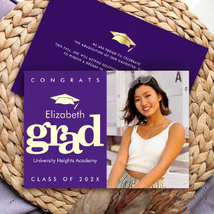 Invitation En Aluminium Photo de remise de diplôme violet cap moderne gras