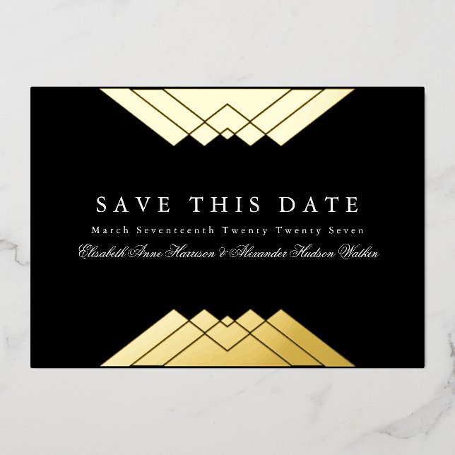 Invitation En Aluminium Photo Deco Black Geometry Gold Enregistrer la date (Recto)