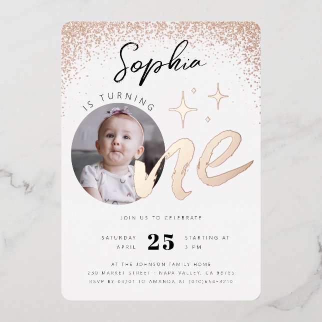 Invitation En Aluminium Photo d'or Rose pour fille 1er anniversaire (Recto)