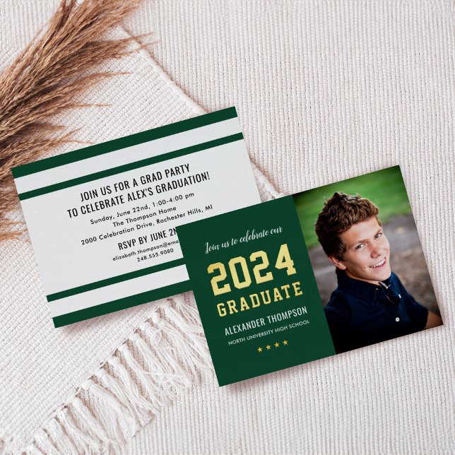 Invitation En Aluminium Photo du Graduate Green Gold Graduate Party 2023 (Créateur téléchargé)