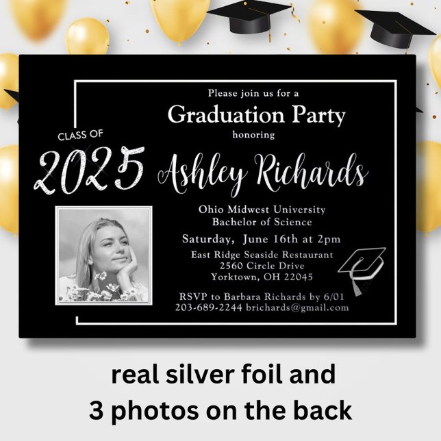 Invitation En Aluminium Photo Elegant Black White Graduation Party Real (Créateur téléchargé)