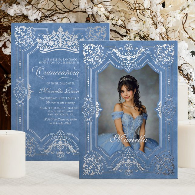 Invitation En Aluminium Photo Elegant Blue Crown Tiara Royal Quinceanera (Créateur téléchargé)