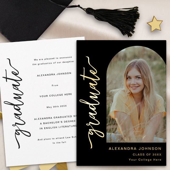 Invitation En Aluminium Photo élégant d'architecture moderne avec écriture (Modern trendy photo arch graduation announcement card elegant chic black and gold foil script)