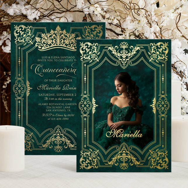 Invitation En Aluminium Photo Elegant Green Crown Tiara Royal Quinceanera (Créateur téléchargé)