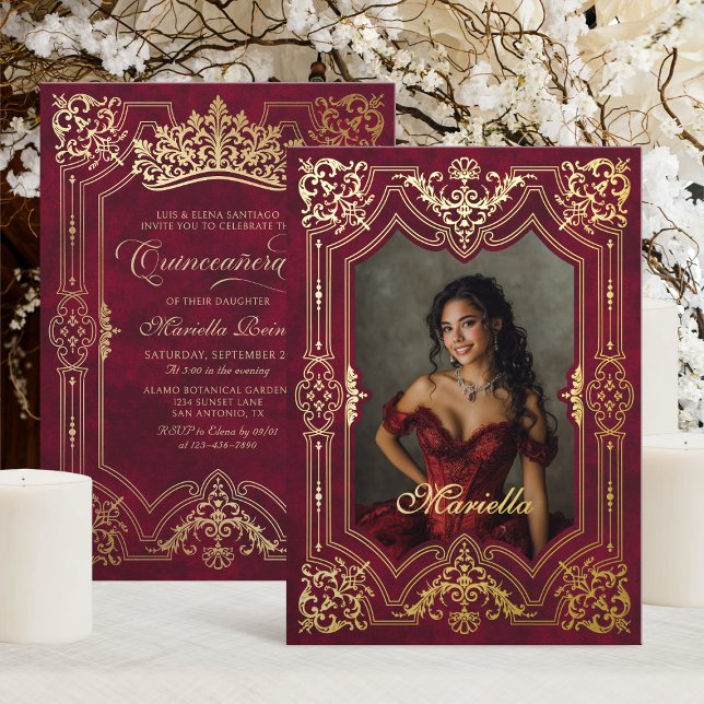 Invitation En Aluminium Photo Elegant Red Crown Tiara Royal Quinceanera (Créateur téléchargé)
