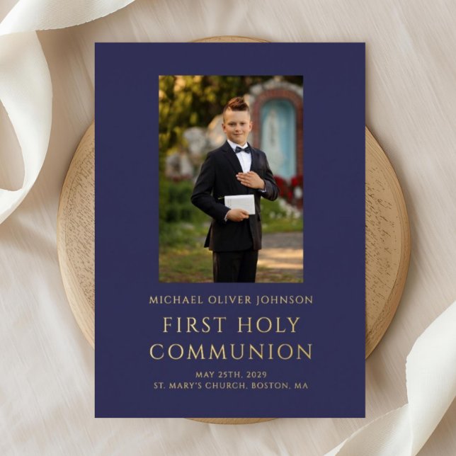 Invitation En Aluminium Photo Elégante Marine Blue Boy First Communion Gol (Navy Blue Boy Photo First Holy Communion Gold Foil Invitation)
