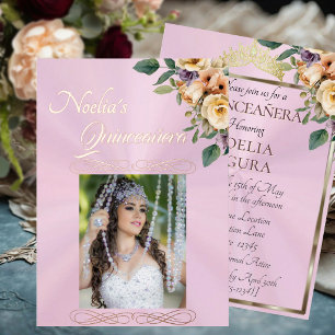 Invitation En Aluminium Photo et floral - Quinceanera rose