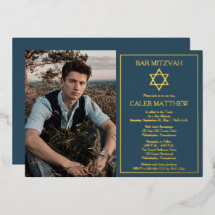 Invitation En Aluminium Photo Étoile de David Bar Mitzvah bleu foncé