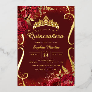 Invitation En Aluminium Photo Fleurie Défilement Or Rouge Quinceanera