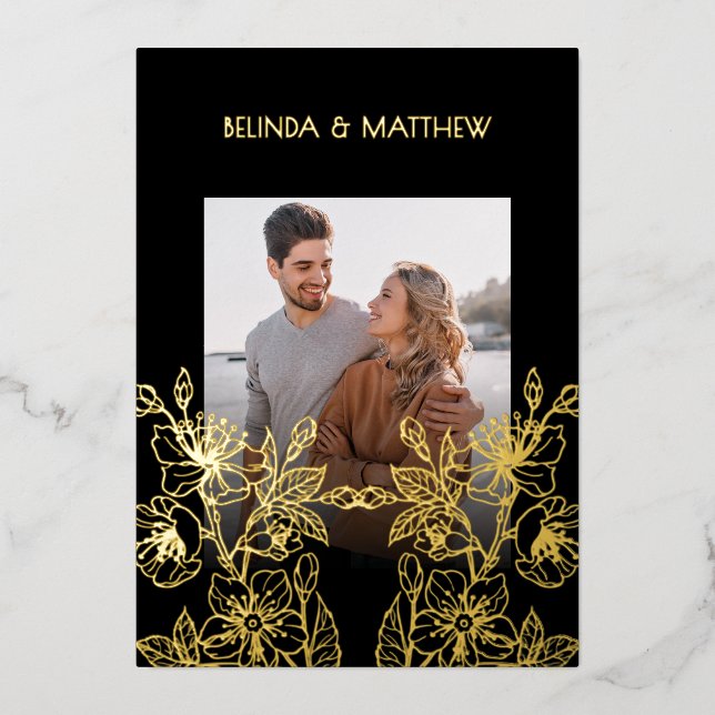 Invitation En Aluminium Photo Floral Line Art Black Gold Wedding (Recto)
