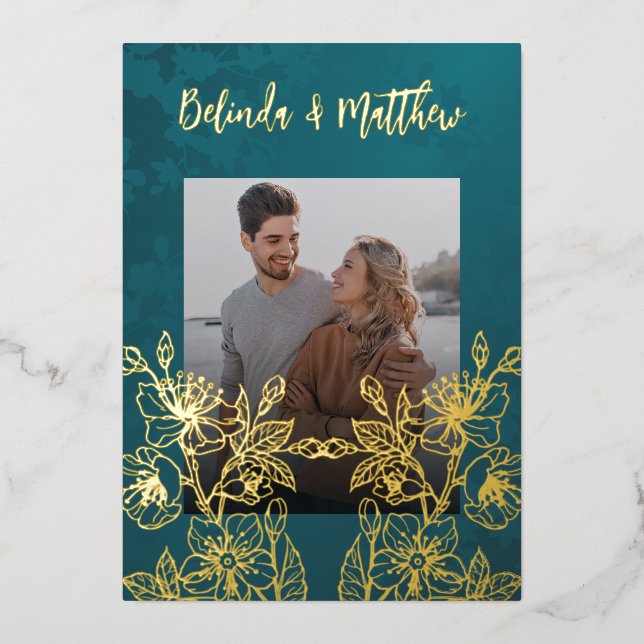 Invitation En Aluminium Photo Floral Line Art Gold Mariage (Recto)