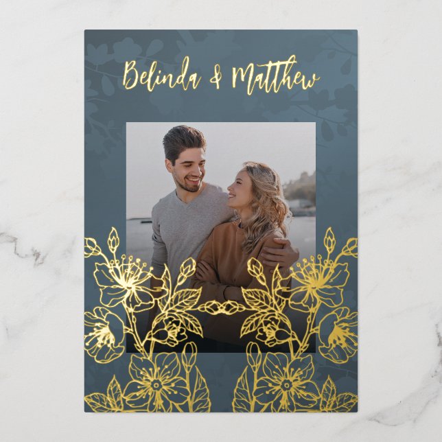 Invitation En Aluminium Photo Floral Line Art Gold Mariage (Recto)