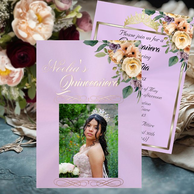 Invitation En Aluminium  Photo & Floral on Pastel Lavender Quinceanera  (Créateur téléchargé)