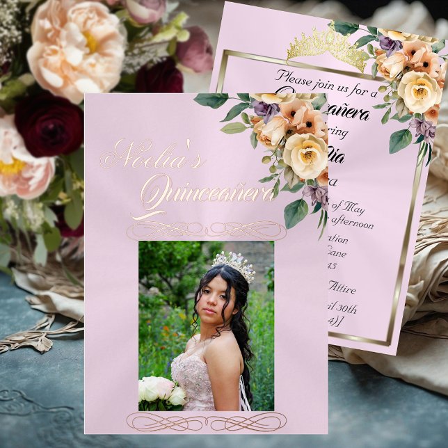 Invitation En Aluminium  Photo & Floral on Pastel Pink Quinceanera  (Créateur téléchargé)
