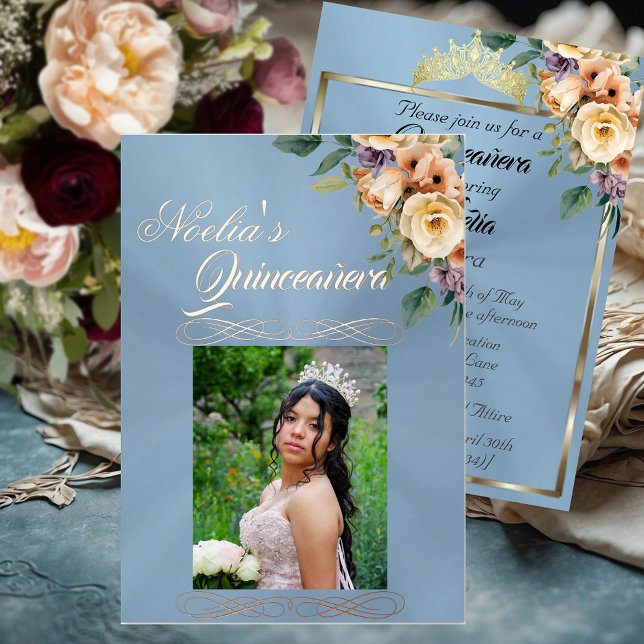 Invitation En Aluminium Photo & Floral - Pastel Blue Quinceanera (Créateur téléchargé)