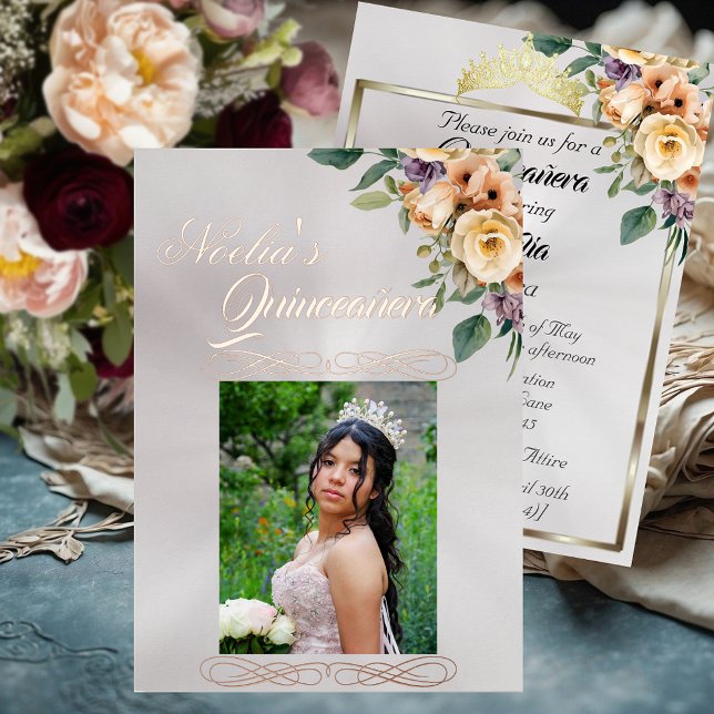 Invitation En Aluminium Photo & Floral - White Pearl Quinceanera (Créateur téléchargé)