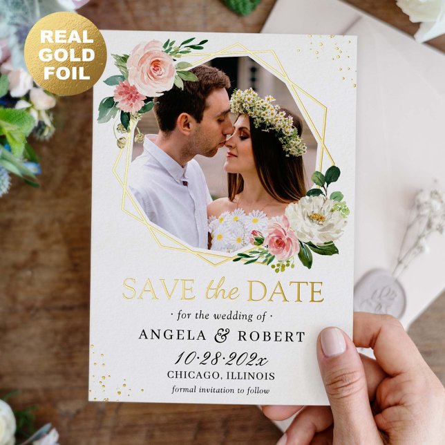 Invitation En Aluminium Photo florale floue géométrique Enregistrer la dat (Créateur téléchargé)