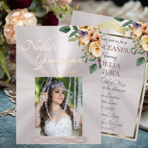 Invitation En Aluminium Photo & Florale - Pearl Quinceanera 