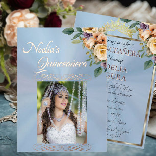 Invitation En Aluminium Photo & Florale - Quinceanera Bleu