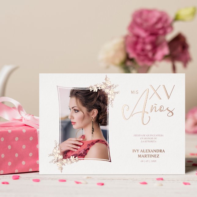 Invitation En Aluminium Photo Luxury Real Rose Gold Modern Botanique Cadre (Créateur téléchargé)