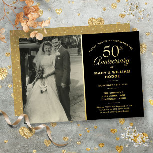 Invitation En Aluminium Photo Mariage du 50e anniversaire Noir et or